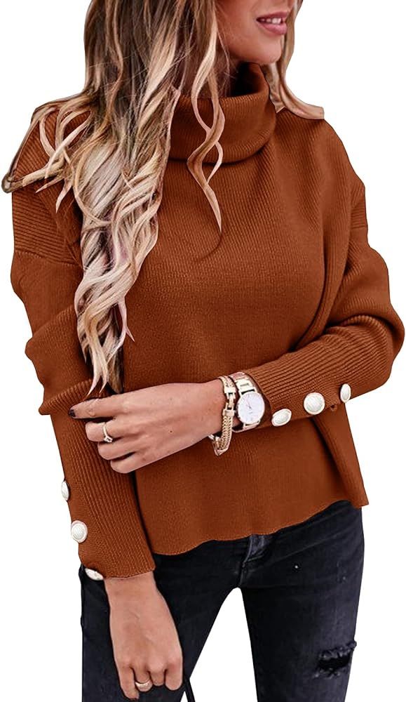 Qiuwon Womens Turtleneck Knit Sweaters Jumpers Casual Button Long Sleeve Chunky Loose Pullover | Amazon (US)
