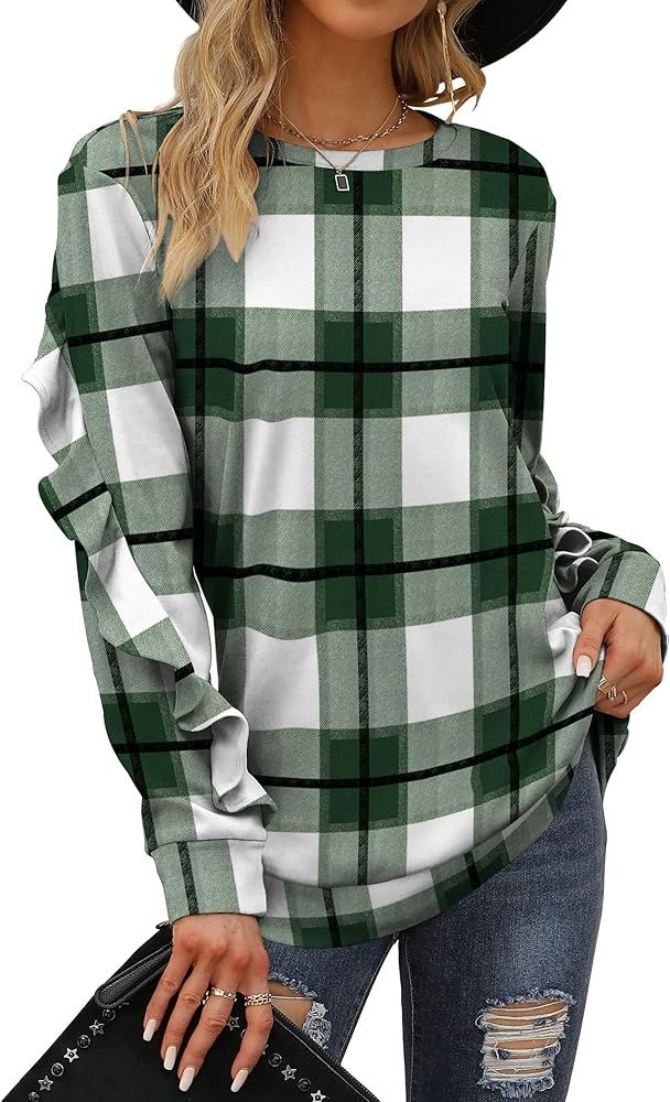 Saloogoe Crewneck Sweatshirts Long Sleeve Casual Tops with Ruffle Sleeve Fall Winter Clothes Soft... | Amazon (US)