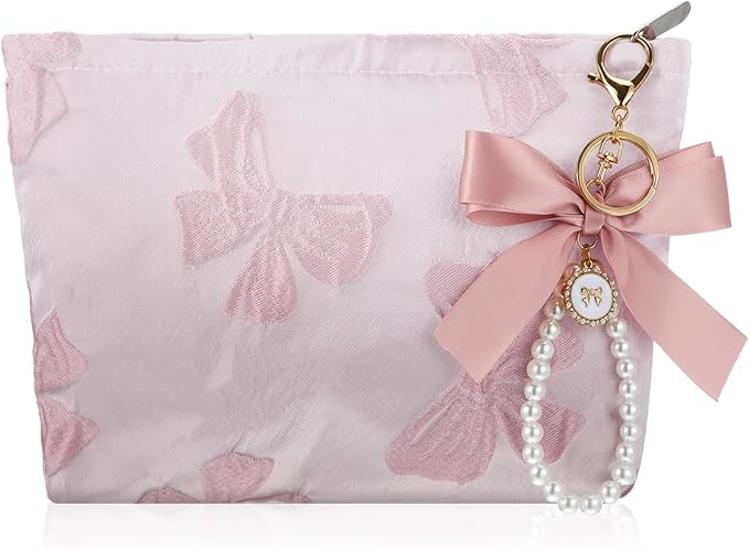 Reginary 2 Pcs Coquette Pink Bow Makeup Bag Pearl Bow Wristlet Keychain Set Canvas Preppy Cosmeti... | Amazon (US)