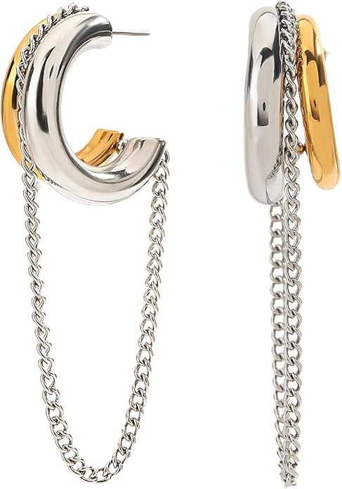 Gold and Silver Tassel Chain Hoop Earrings for Women Trendy Two Tone Dangling Chain Earrings Hypo... | Amazon (US)