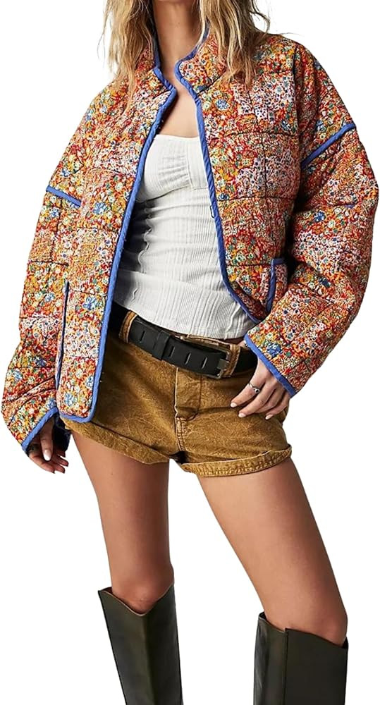 Omoone Women's Cropped Floral Quilted Jacket Cardigan Printed Lightweight Open Front Padded Puffe... | Amazon (US)