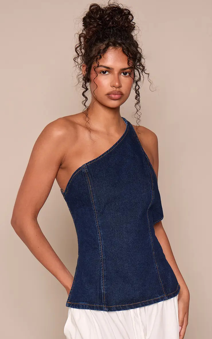 Indigo Asymmetric Open Back Denim Top | PrettyLittleThing UK