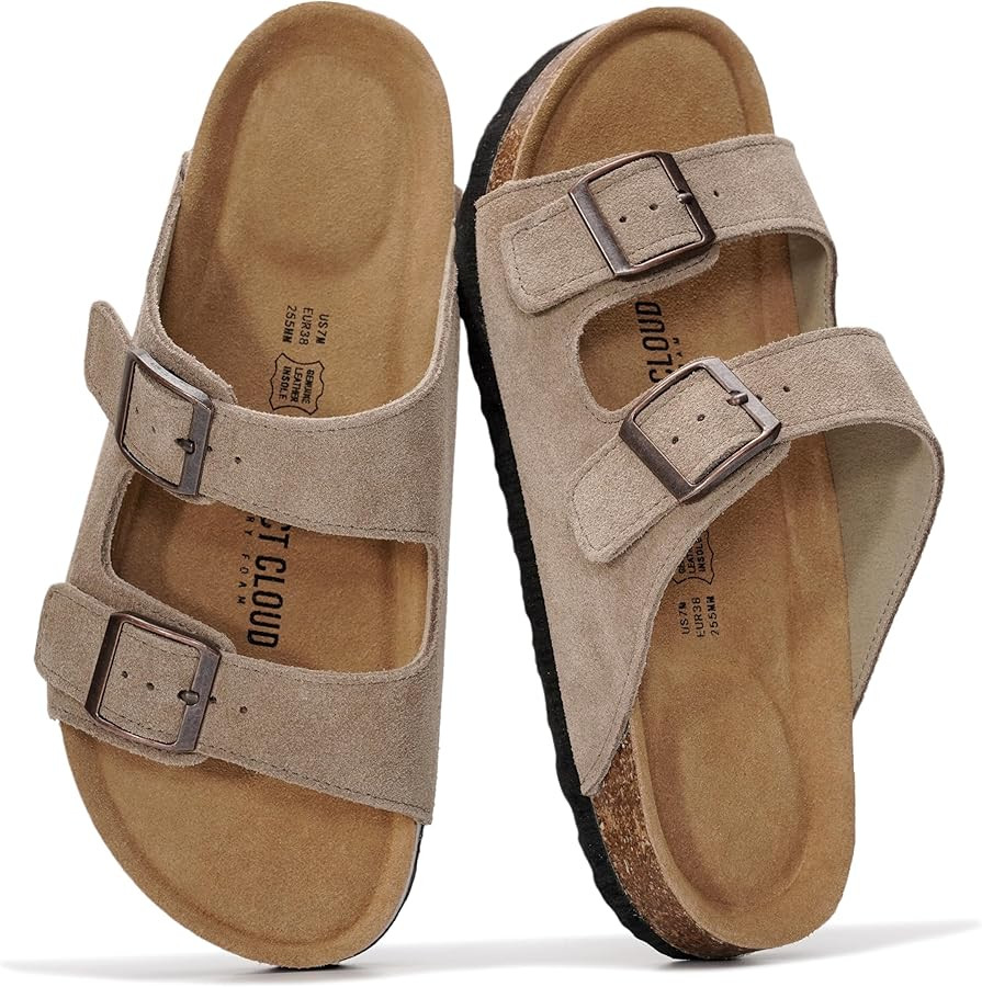 Project Cloud 100% Genuine Leather Flat Sandals For Women 2026 Cork Footbed Womens Sandals with M... | Amazon (US)