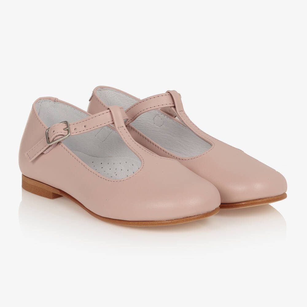 Girls Pink Leather T-Bar Shoes | Childrensalon