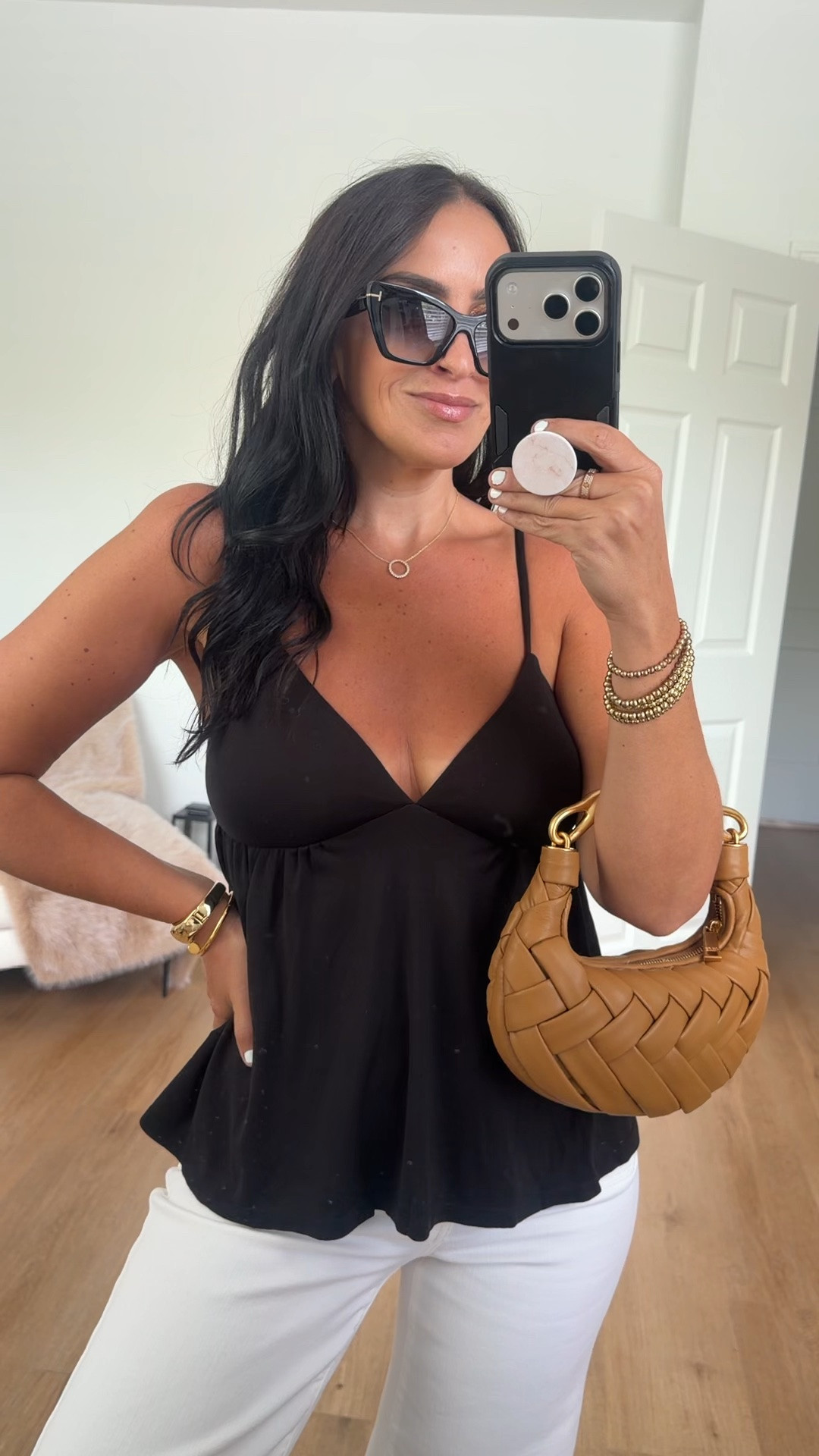 Women V Neck Babydoll Tank wearing size small