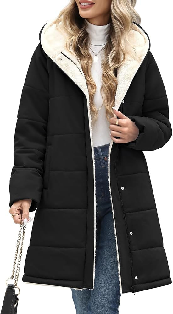Women Winter Down Coat Fleece Long Warm Jacket Hooded Parka Puffer Coat Padded Fashion Outerwear | Amazon (US)