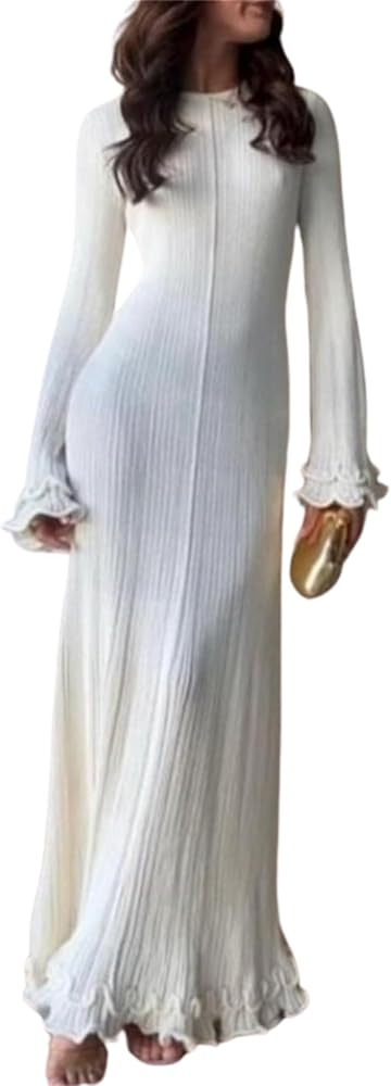 Maxi Dress with Ruffles Crochet Cream Tie Back Knot Bodycon Long Sleeve Sweater Dress | Amazon (US)