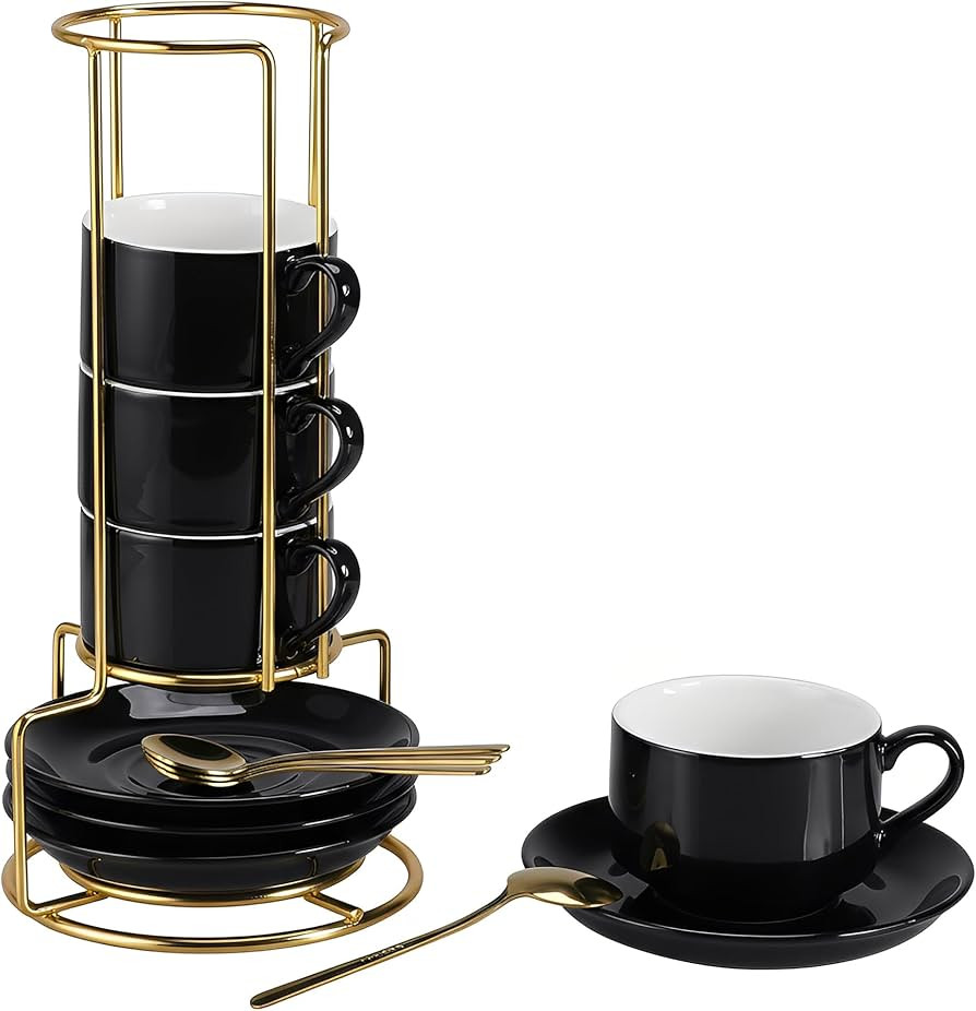 3 Ounce Espresso Cups Set of 4, Stackable Demitasse Mugs, Includes Display Stand, Cups Saucers, a... | Amazon (US)