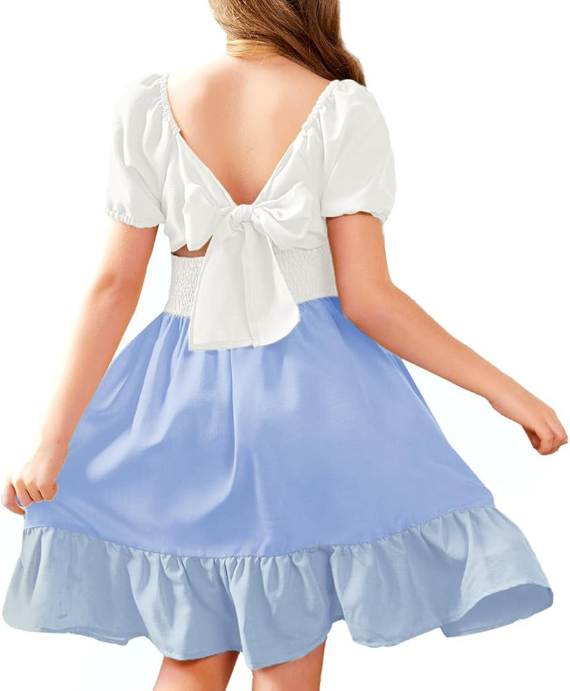 Arshiner Girls Tie Back Short Sleeve Ruffle Hem Off Shoulder Casual Elegant Dresses 4-12 Years | Amazon (US)