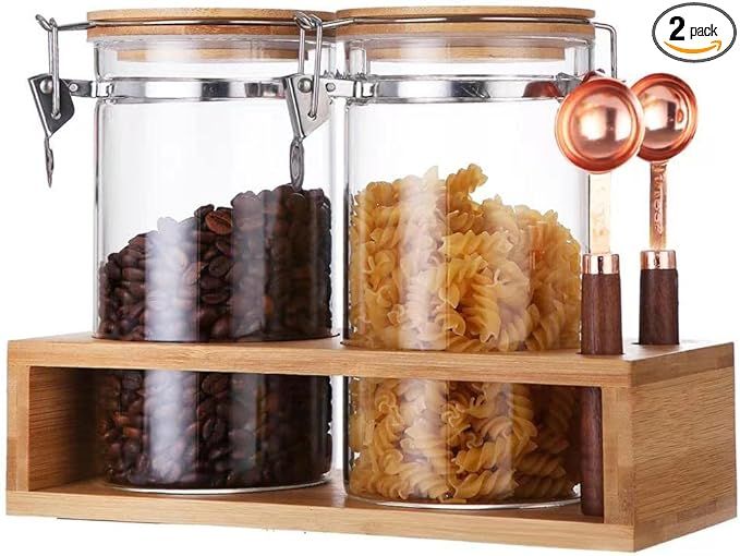 Glass Coffee Containers with Airtight Bamboo Lids & Shelf,Set of 2- 35oz Ground Coffee Canister S... | Amazon (US)