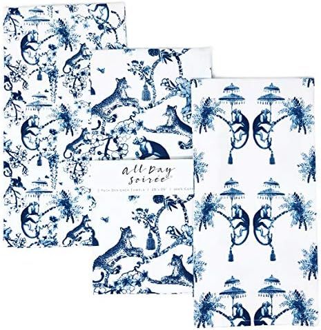 Chinoiserie Designer Kitchen Tea Towels 3 Pack 100% Absorbent Cotton Tiger Monkey Floral Hand Tow... | Amazon (US)