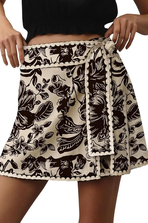 Mini Wrap Skort for Women Black Flowy Bodycon Print Shirt Short Elastic Waist Fall Casual Mini Sk... | Amazon (US)