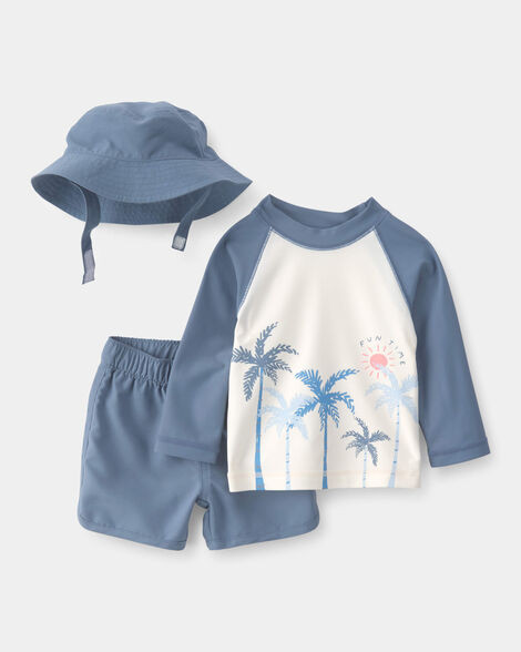 Baby Boy 3-Piece Palm Tree Long-Sleeve Rashguard Swimsuit Set - Blue/White | Carter's | Carter's Inc