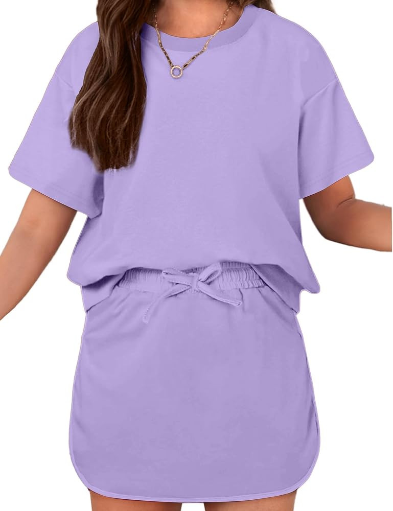 Arshiner Girls 2 Piece Outfits Summer Clothes Short Sleeve Drop Shoulder Shirt and Skirt with Bui... | Amazon (US)