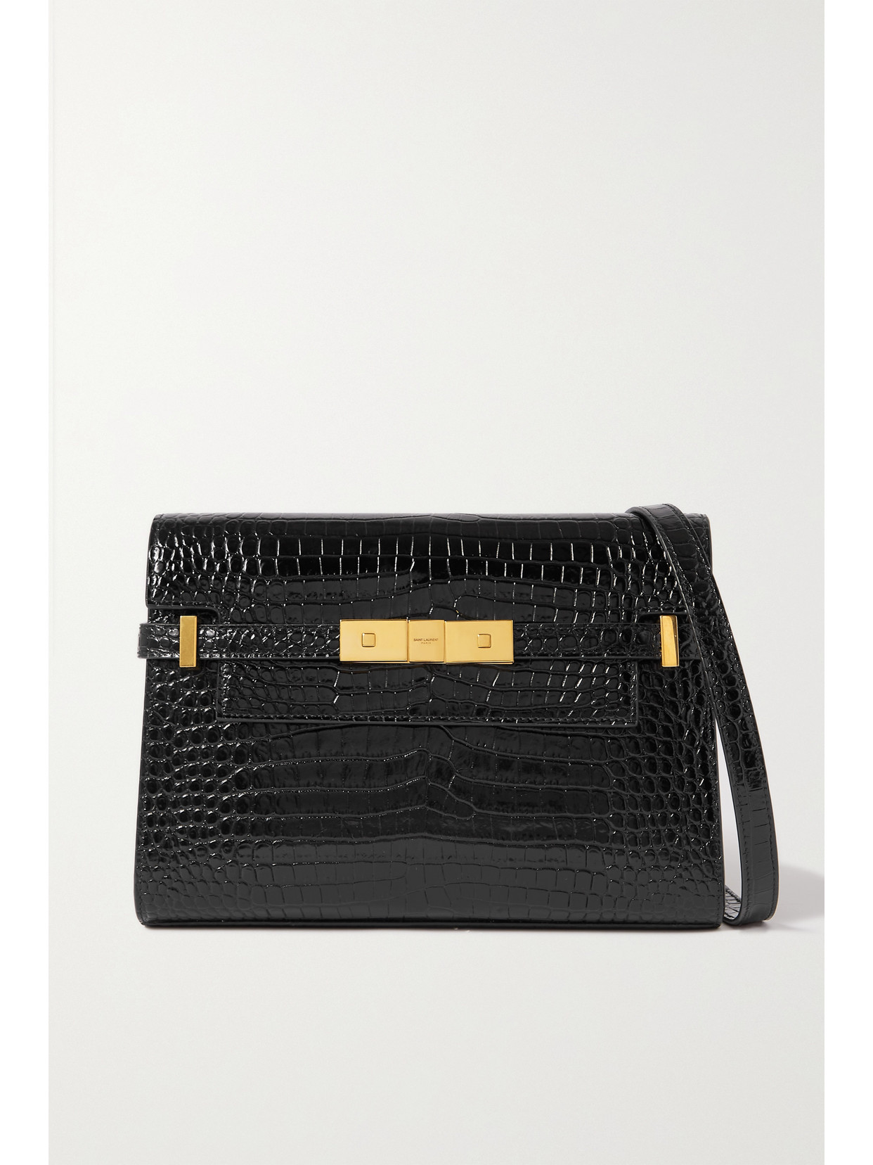 SAINT LAURENT - Manhattan Small Croc-effect Patent-leather Shoulder Bag - Black | NET-A-PORTER (US)
