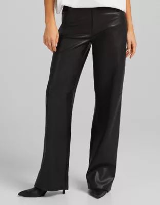 Bershka straight leg faux leather trouser in black | ASOS (Global)