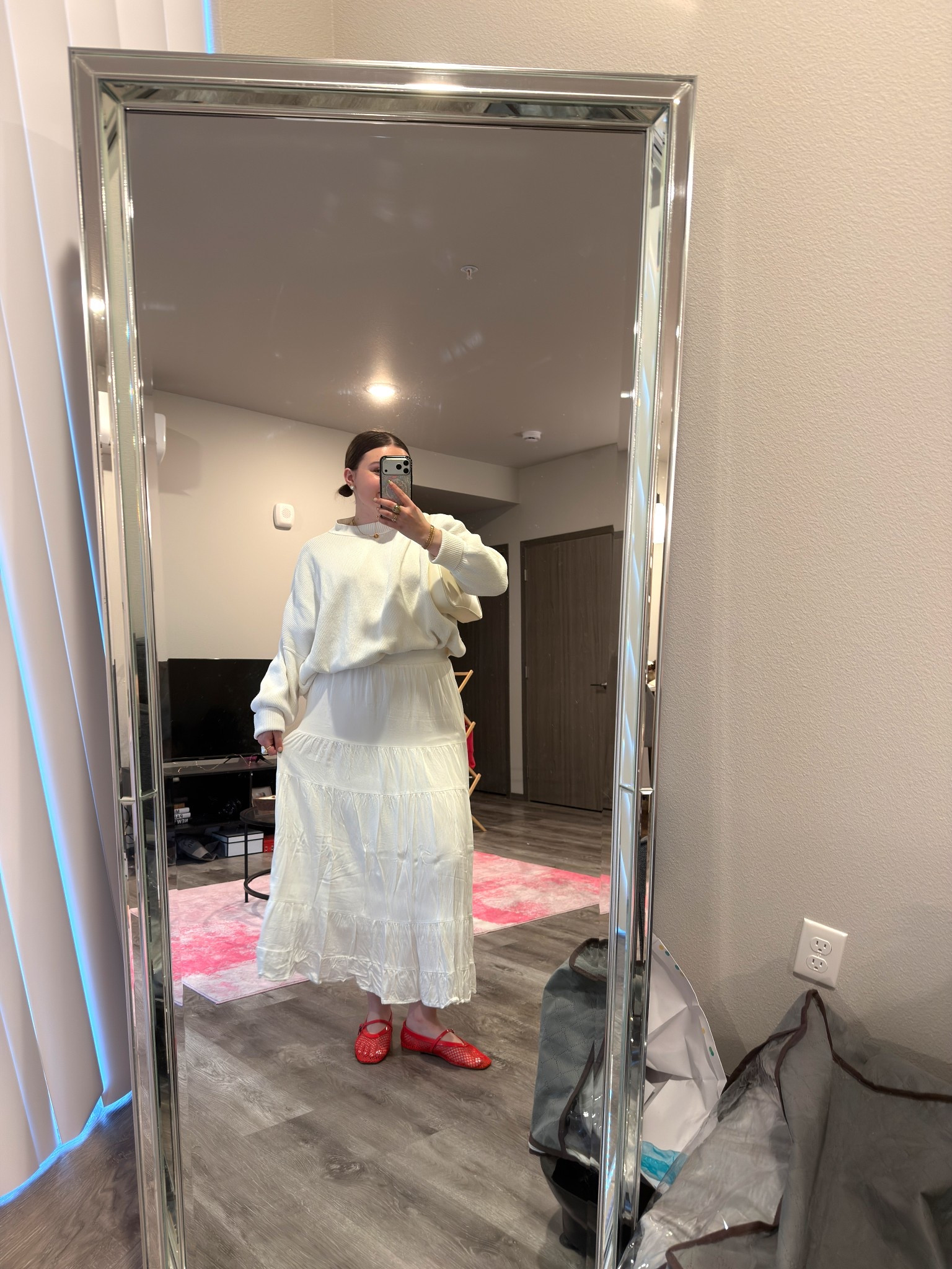 Comfy spring outfit featuring the pop of red color theory! I love an unexpected color in an otherwise minimal outfit ❤️

I’m wearing a S sweater, L skirt and size 9 flats

#LTKootd #LTKMidsize #LTKSeasonal