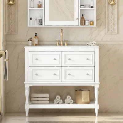 White Bathroom Vanity - 36", Solid Wood Frame, 4 Drawers, Ceramic Sink, Elegant Finish, Modern Style 36" Sink Cabinet White, Wood, Undermount Basin, F | Wayfair North America