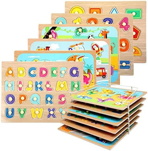 WOOD CITY Toddler Puzzles and Rack Set, Wooden Peg Puzzles Bundle with Storage Holder Rack, Educa... | Amazon (US)