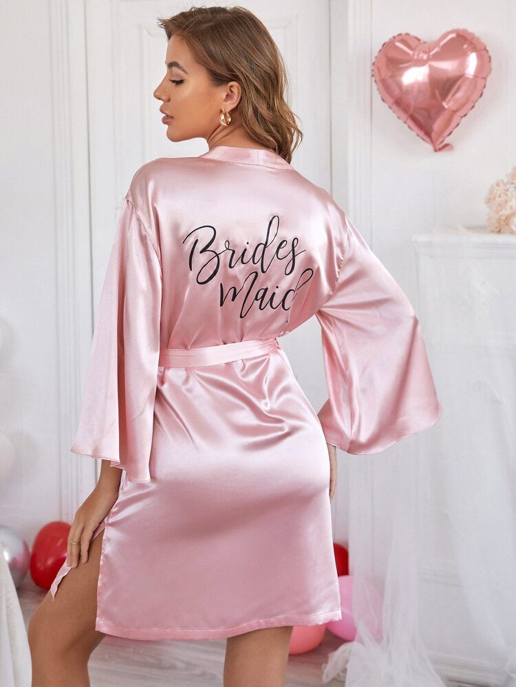Satin Letter Graphic Belted Night Robe | SHEIN