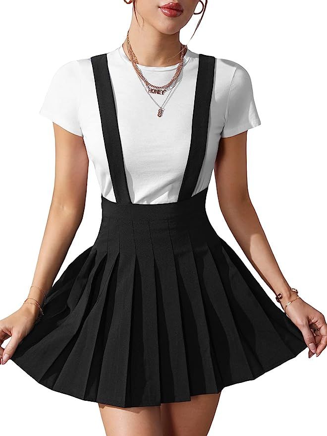 SOLY HUX Women's High Waist Pleated A Line Straps Overall Suspender Skirt | Amazon (US)