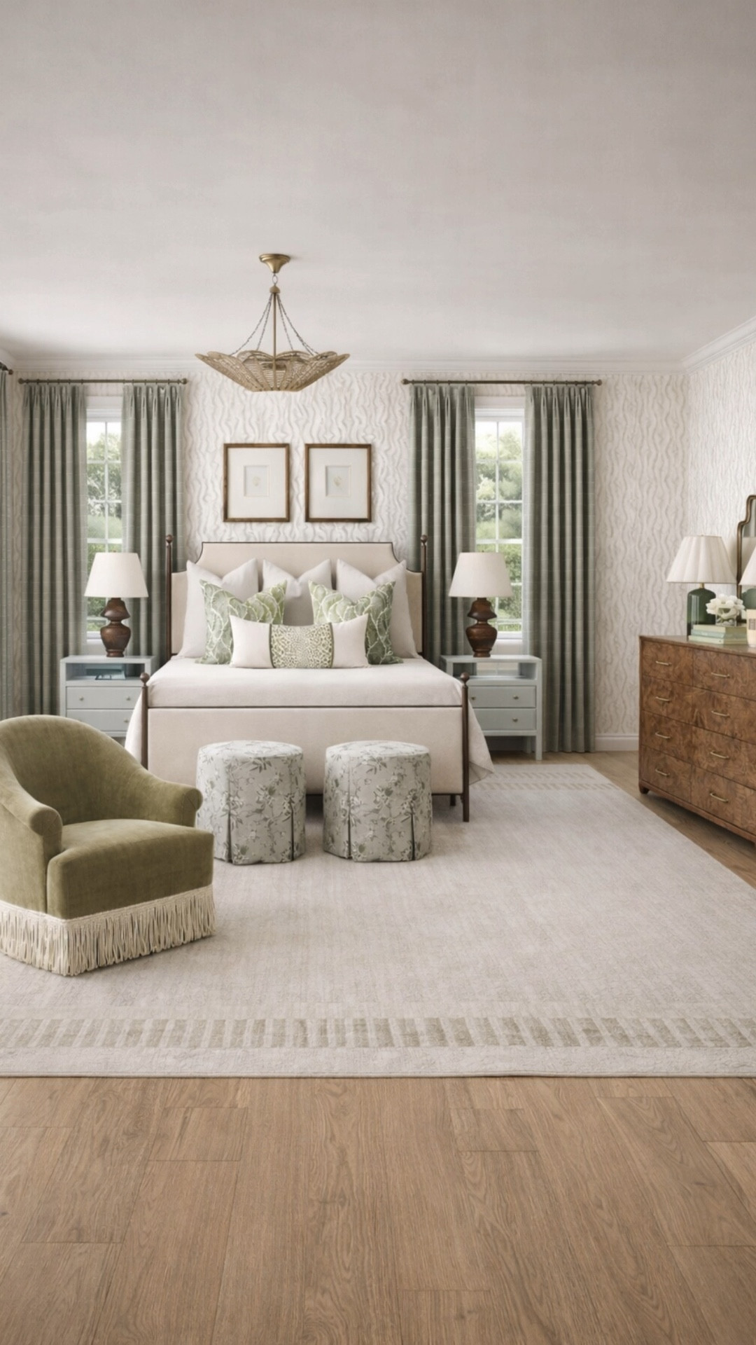 The renderings of this primary bedroom design are just soooo dreamy with the velvet, fringe, pattern play, and Burl wood! 

#LTKdayinmylife #LTKHome #LTKSaleAlert