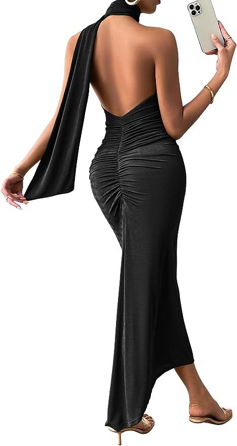 OYOANGLE Women's Bodycon Sleeveless Halter Backless Ruched Maxi Dress Wedding Guest Dresses | Amazon (US)