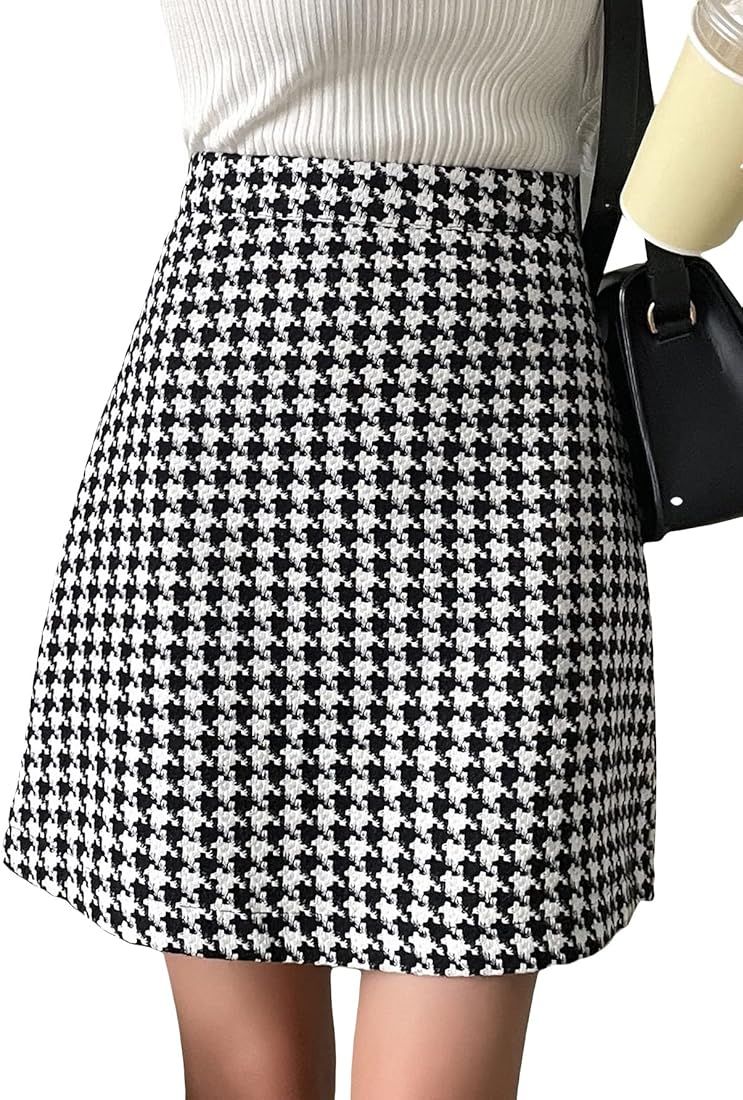 WDIRARA Women's Tweed Houndstooth Print High Waisted A Line Elegant Work Mini Skirt | Amazon (US)