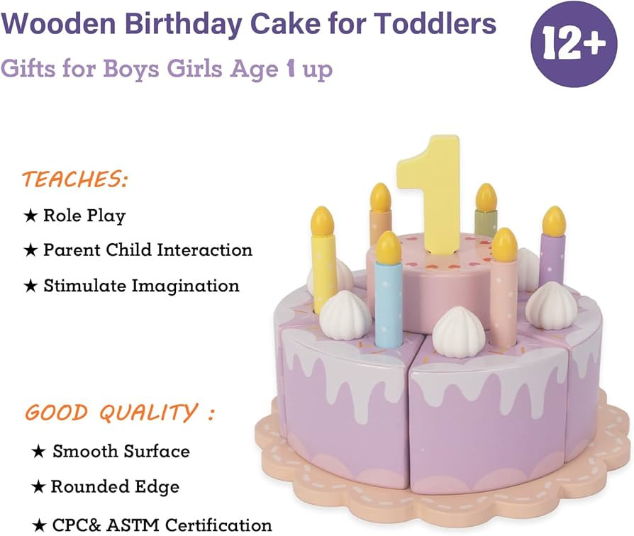 Pretend Play Food for Toddlers 2-5,Wooden Birthday Fake Cake with Candles and Numbers,Tea Party L... | Amazon (US)