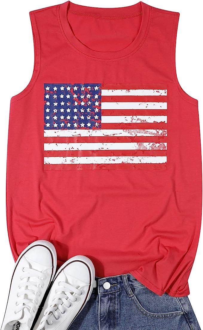 FAYALEQ American Flag Print Tank Tops Women USA Stars Stripes Patriotic T Shirt Summer Loose Vest... | Amazon (US)