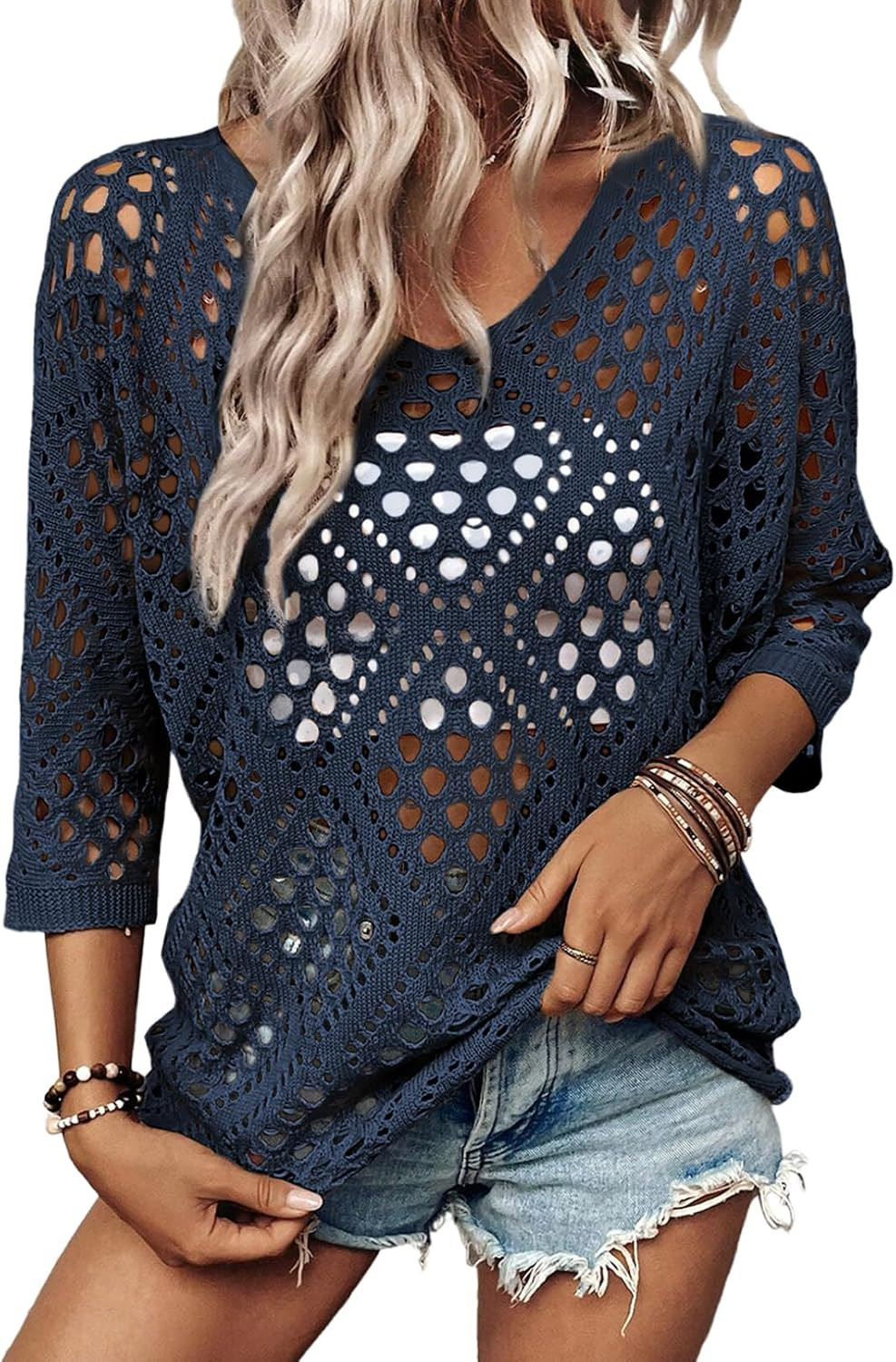 SHEWIN Womens Summer Tops Hollow Out Beach Crochet Cover Ups V Neck 3/4 Sleeve Pullover Sweater Shirts | Amazon (US)