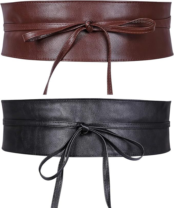 Women Obi Style Waist Belt Soft Faux Leather Wide Wrap Around Bowknot Ladies Waistband Belts 2 Pa... | Amazon (US)