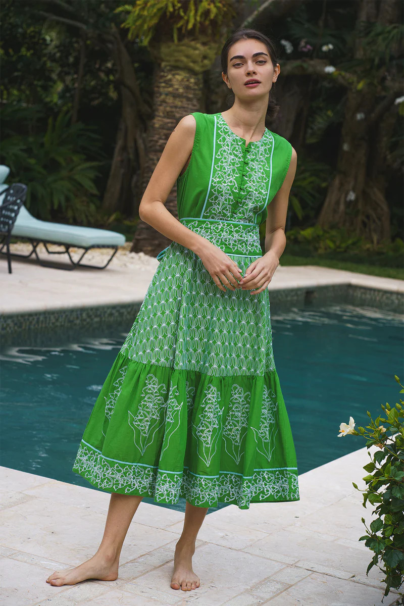 Jewel Neck Sleeveless SUE SARTOR Flounce | Kelly Green Lily of the Val | SUE SARTOR