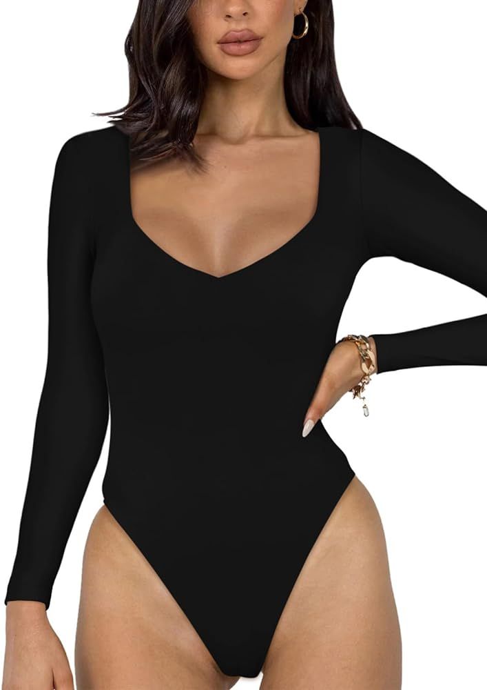 REORIA Women's Sexy V Neck Double Lined Long Sleeve Slimming Going Out Thong Bodysuits Tops | Amazon (US)