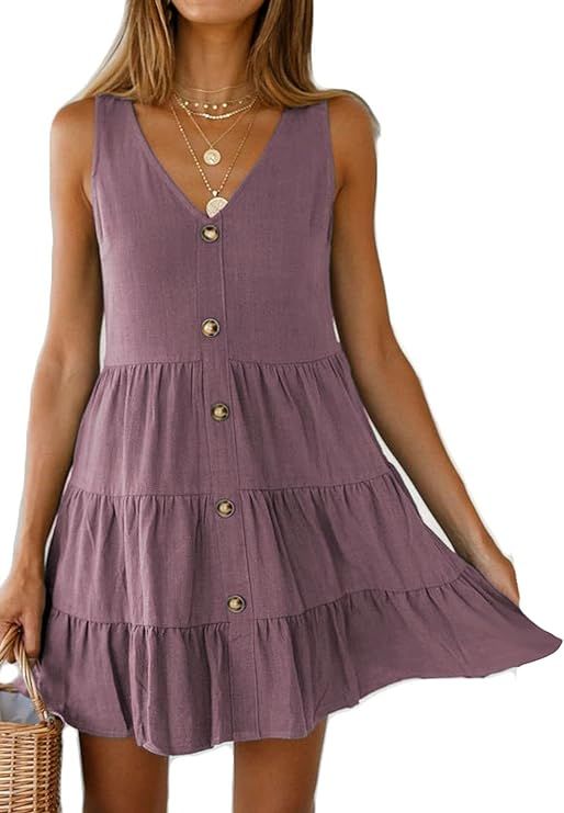 Halife Women's Button Front Dress Summer Sleeveless V-Neck Pleated Swing Dresses | Amazon (US)