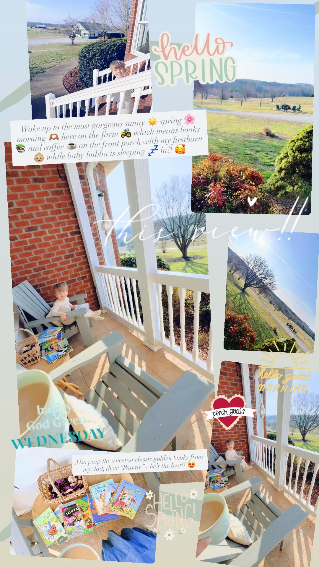 Woke up to the most gorgeous sunny ☀️ spring 🌸 morning 🫶🏽 here on the farm 🚜 which means books 📚 and coffee ☕️ on the front porch with my firstborn 👶🏼 while baby bubba is sleeping 💤 in!! 🥰

Also peep the sweetest classic golden books from my dad, their “Papaw” - he’s the best!! 😍