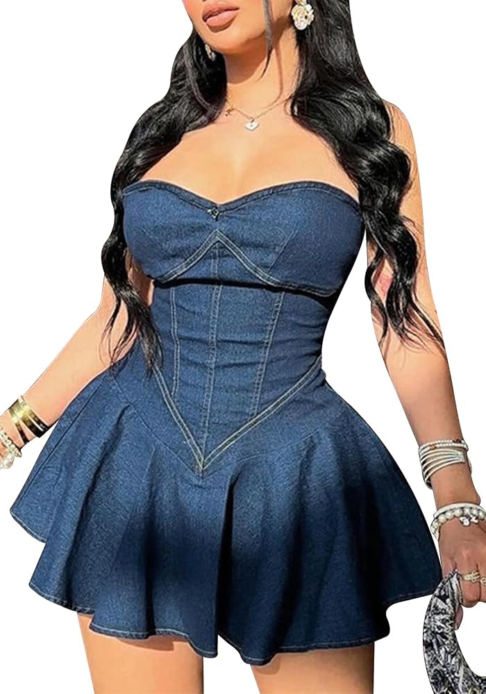 Ptorlio Sexy Denim Tube Mini Dresses for Women Summer Corset Strapless Jean Dress Going Out Club ... | Amazon (US)