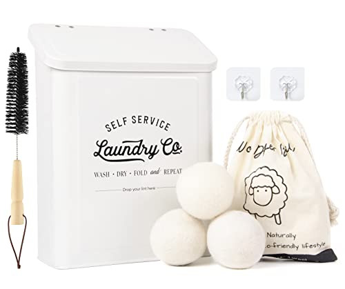 MONJITA Magnetic Lint Bin for Laundry Room, Metal Trash Can with Lid for Dryer, Farmhouse Lint Holder, Laundry Co Sign, Laundry Room Storage Decor with Dryer Lint Brush (White-Dryer Ball Set) | Amazon (US)