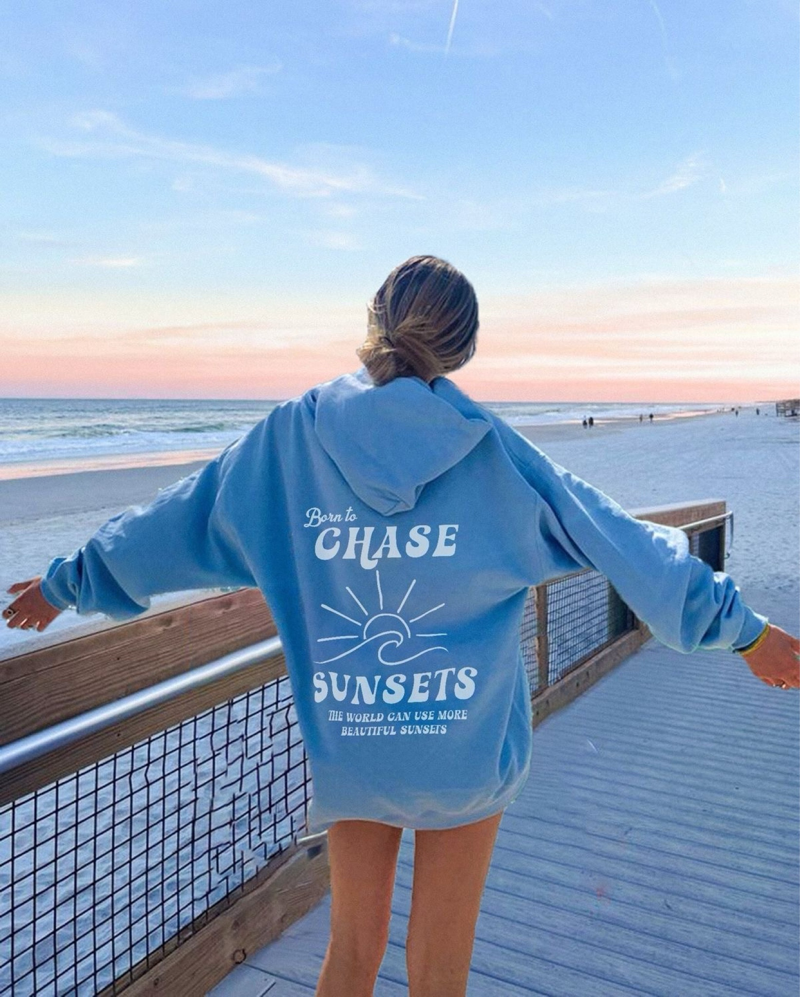 Born to chase sunsets hoodie - this hoodie would be perfect for watching sunsets, eating snacks, and drinking mock tails / cocktails with your best-friends. 

#LTKSaleAlert #LTKxNSale #LTKSummerSales
