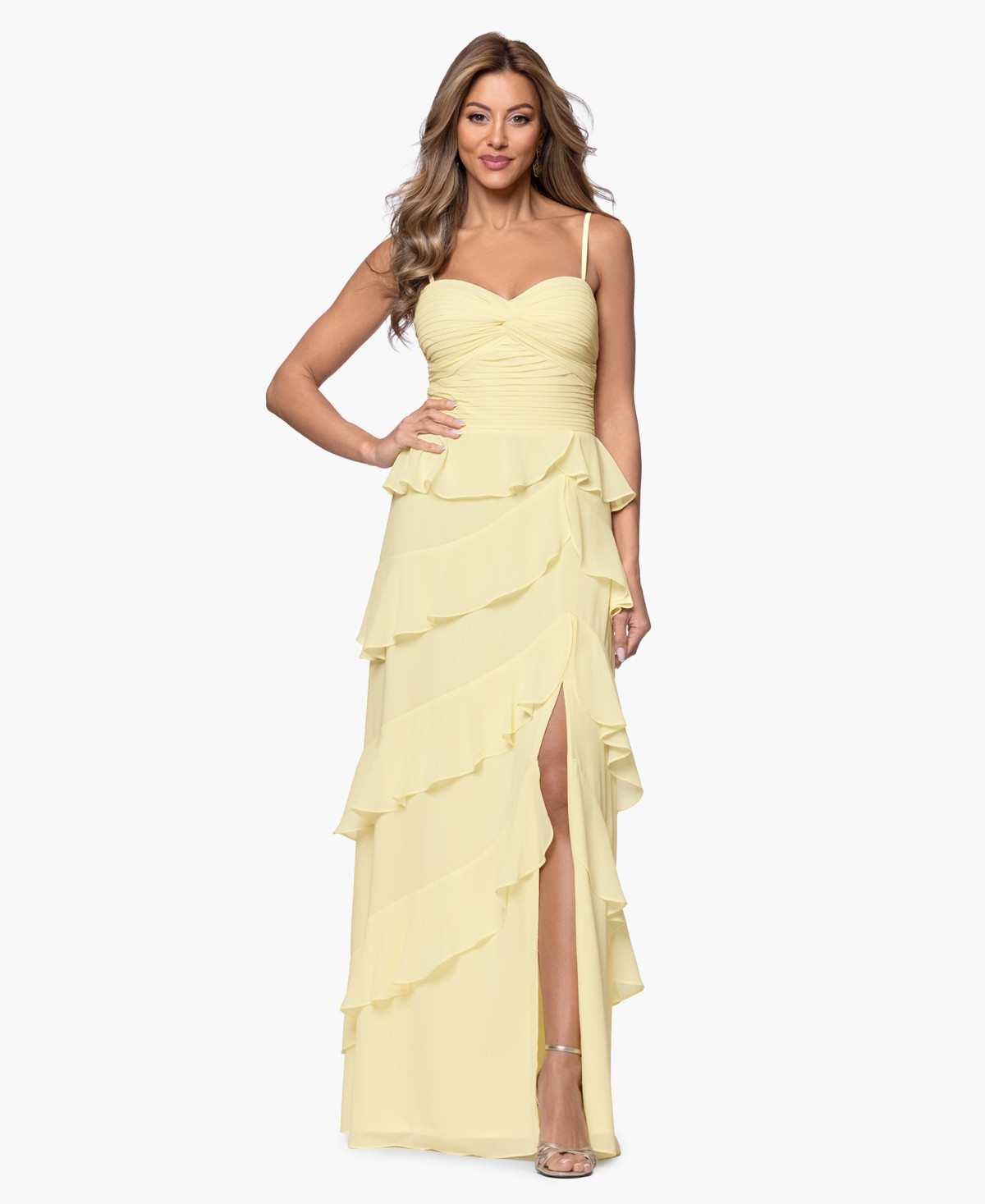 Xscape Women's Ruffle Detail Tiered Maxi Dress - Butter | Macy's