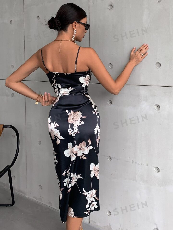 SHEIN Privé Floral Print Drape Neck Split Thigh Satin Dress | SHEIN