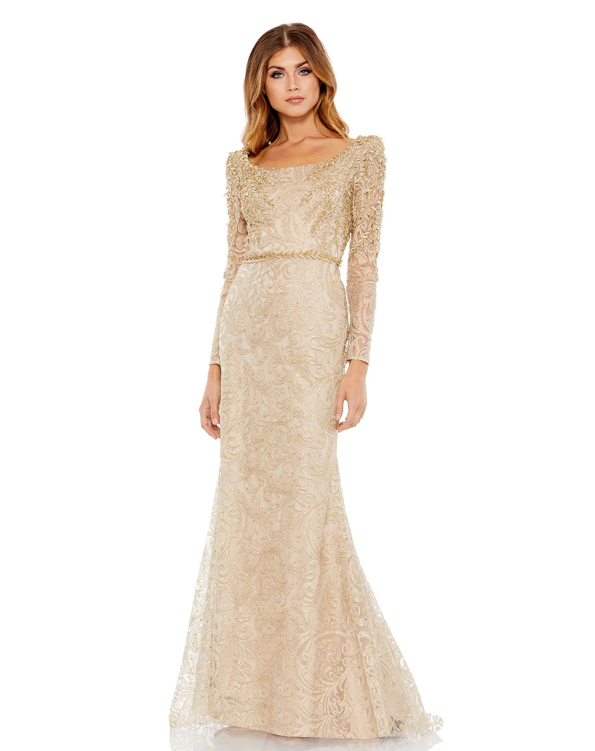 Embroidered Applique Shoulder Detail Trumpet Gown | Mac Duggal