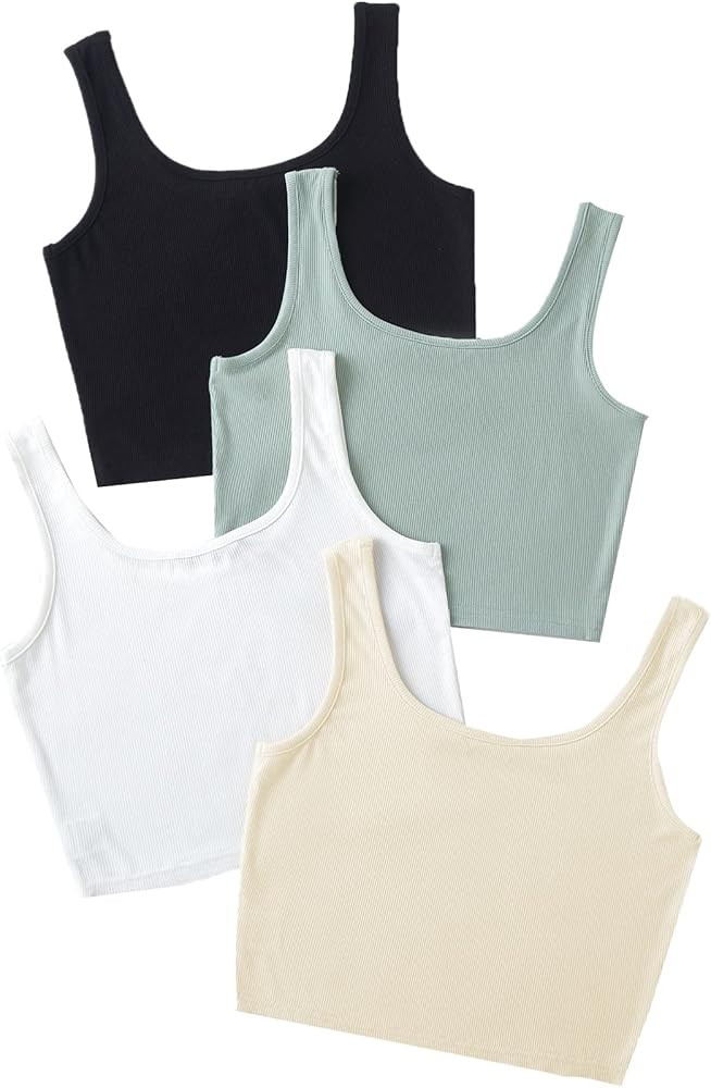 SheIn Women's 4 Pieces Scoop Neck Sleeveless Ribbed Knit Casual Tank Crop Top | Amazon (US)