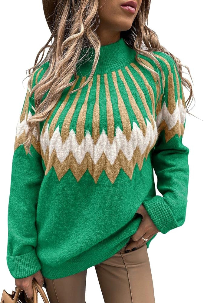 Womens Mock Neck Pattern Pullover Sweaters Long Sleeve Fall Winter Warm Loose Fit Casual Color Bl... | Amazon (US)