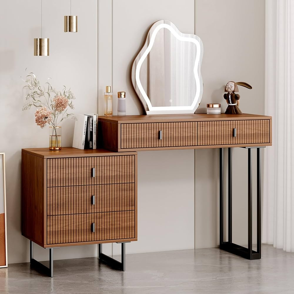 Brown Vanity Desk with Mirror and Lights,Small Makeup Vanity with 5 Drawers，Modern Makeup Table... | Amazon (US)