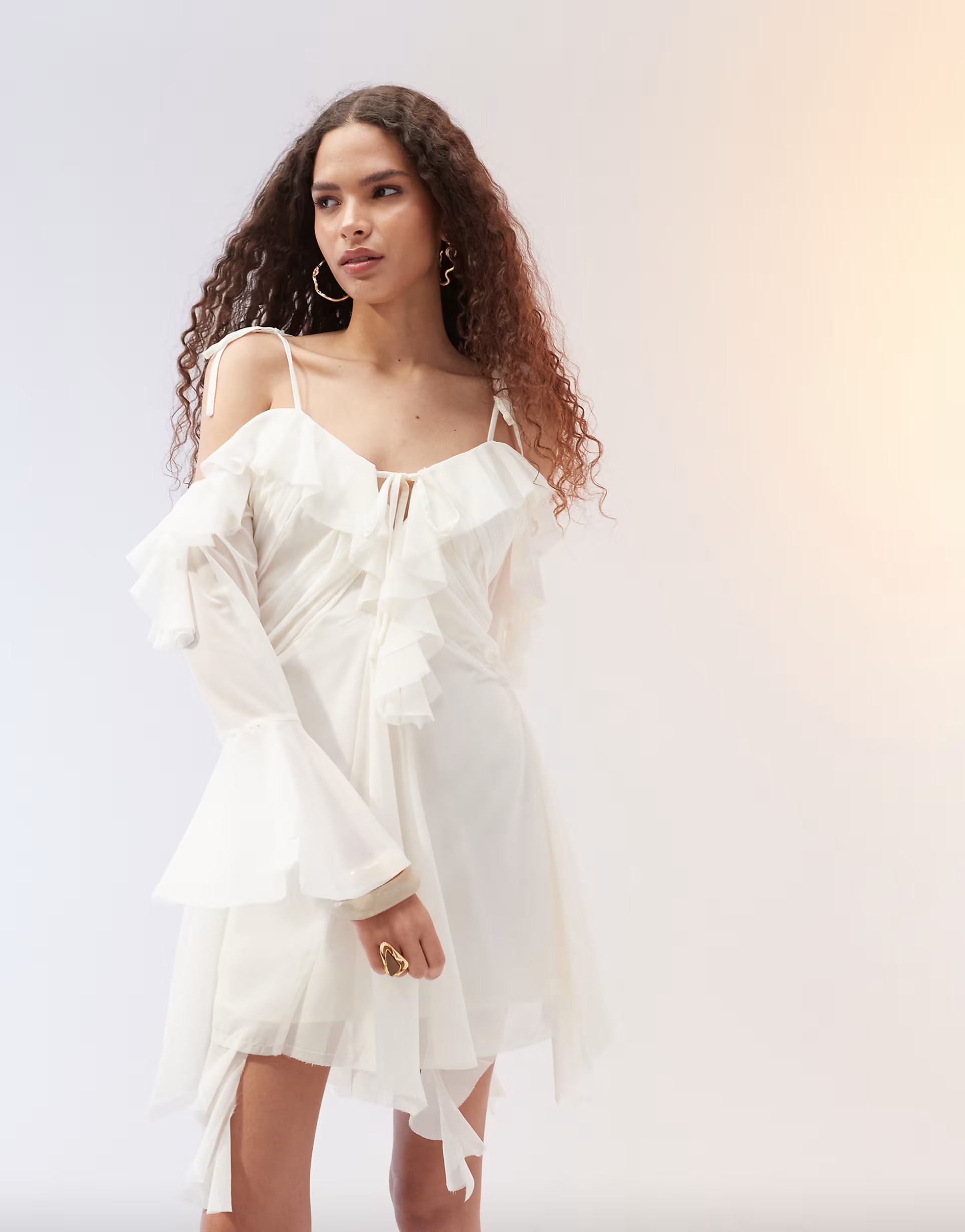 ASOS DESIGN ragged edge mini dress with godets and under layer frills in ivory | ASOS (Global)