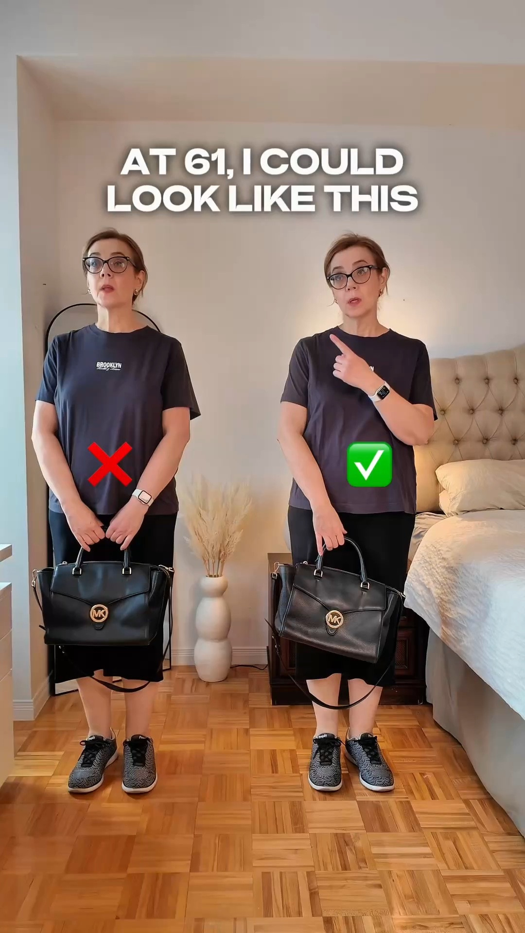 What is wrong with the look on the left? 
1. Wrong proportions - the tee and the skirt hem cut the body in wide unflattering places.
2. Outdated pieces - bag and sneakers scream old.

I am fixing the look by switching the skirt to more flattering and current one, changing the bag and the footwear lightening the look. 

You can keep the tee but tuck it or half tuck it to highlight the waist. 
Another change i made is wearing mild compression underwear to tone the body further. 

Comment below which look you choose. 

Follow for more easy tips and ideas on style, beauty and lifestyle for women over 40.

#LTKsummer #LTKover50style #LTKstyletip