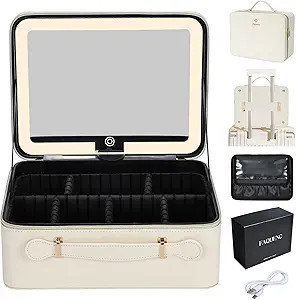 Leather Makeup Case with LED Lighted Mirror 11.4 Inch Travel Makeup Bag Adjustable Brightness in ... | Amazon (US)