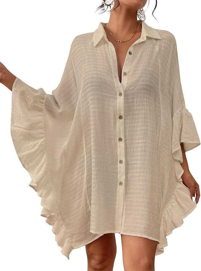 Bsubseach Women Button Down Bathing Suit Cover Up Shirt Dress Ruffled Sleeve Beach Blouse | Amazon (US)