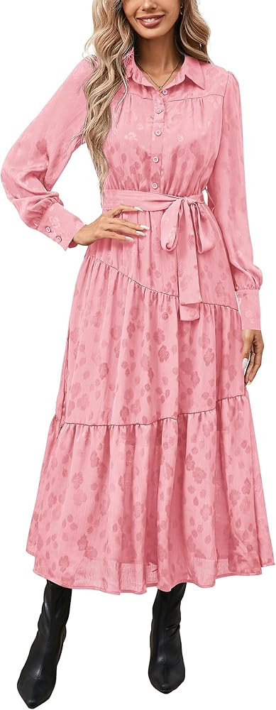 dowerme Women's Casual Dresses 2025 Fall Fashion Long Sleeve Button Up Floral Print Belted Tiered... | Amazon (US)